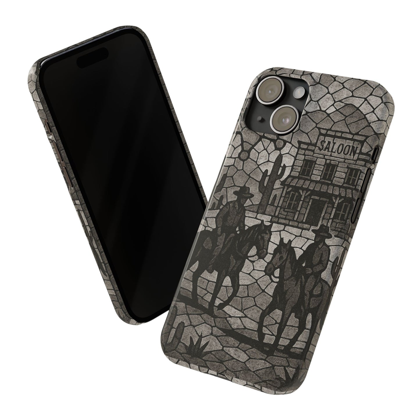 Slim Phone Cases Vintage Wild West Mosaic Art | Black & White Cowboy Scene | Sheriff, Horses & Saloon