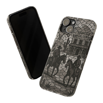 Slim Phone Cases Vintage Wild West Mosaic Art | Black & White Cowboy Scene | Sheriff, Horses & Saloon
