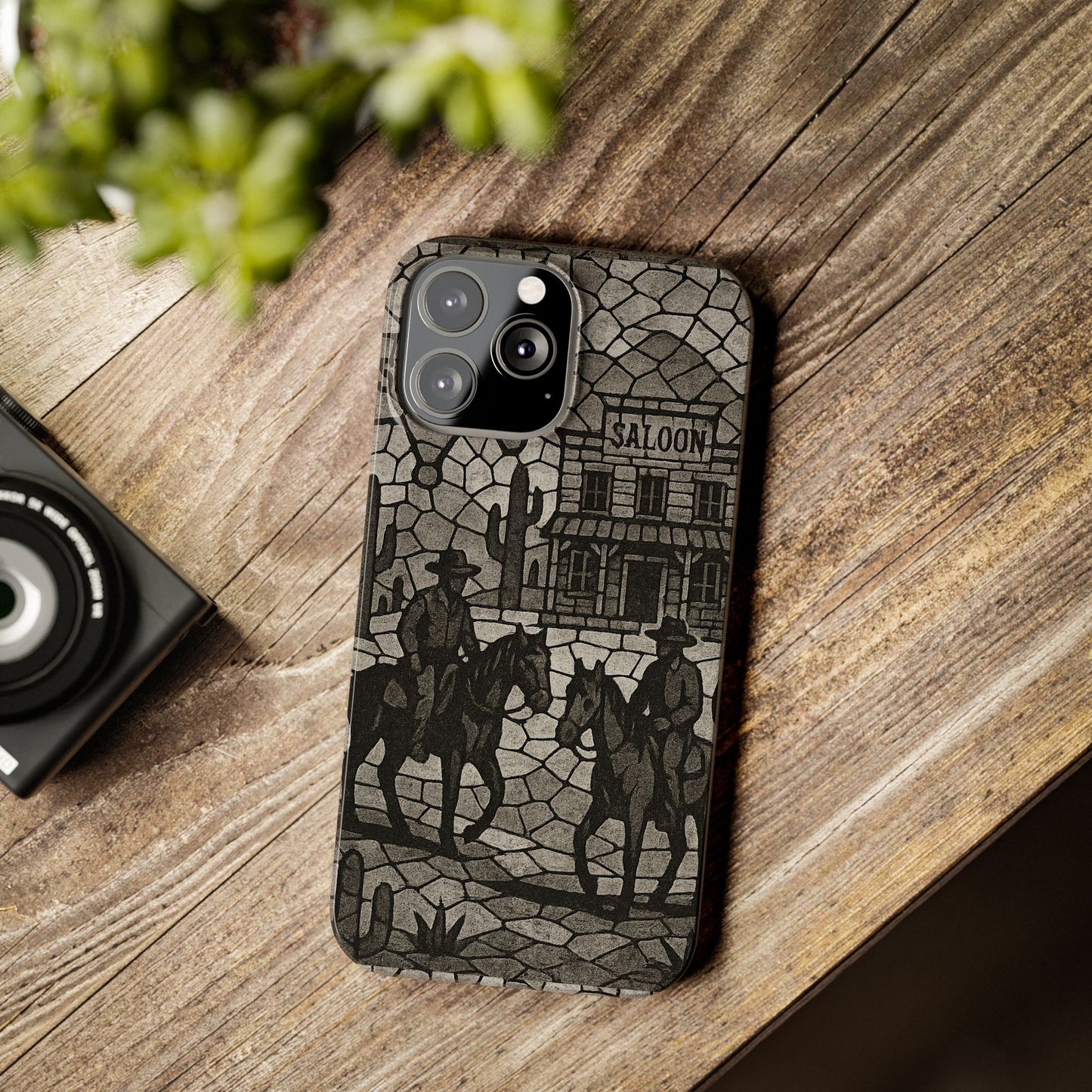 Slim Phone Cases Vintage Wild West Mosaic Art | Black & White Cowboy Scene | Sheriff, Horses & Saloon