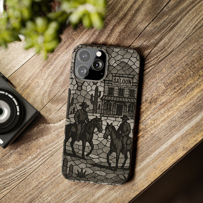Slim Phone Cases Vintage Wild West Mosaic Art | Black & White Cowboy Scene | Sheriff, Horses & Saloon