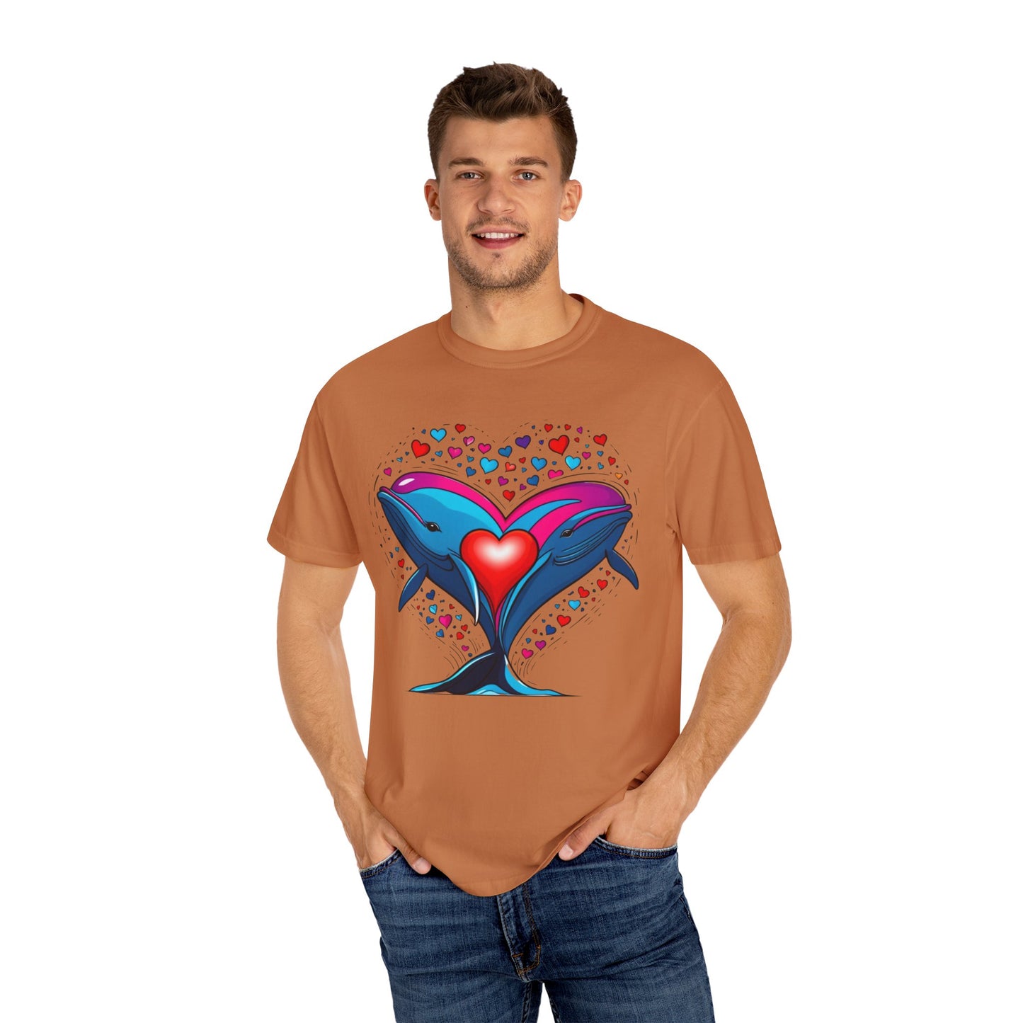 Whale and Heart Unisex Garment-Dyed T-shirt, Ocean Vibes Tee, Sea Lover Shirt, Nautical Graphic Top, Beachwear Apparel, Summer Fashion