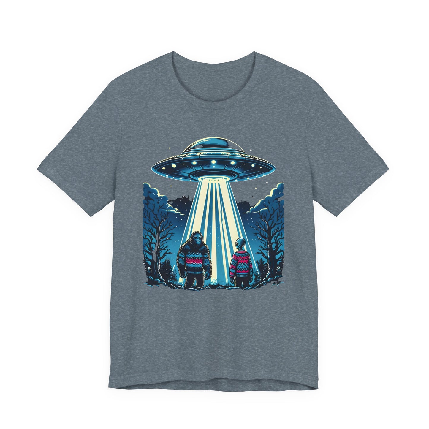 T-Shirt Alien and Bigfoot,  Ugly Christmas Sweater Tee, Funny UFO Holiday Shirt