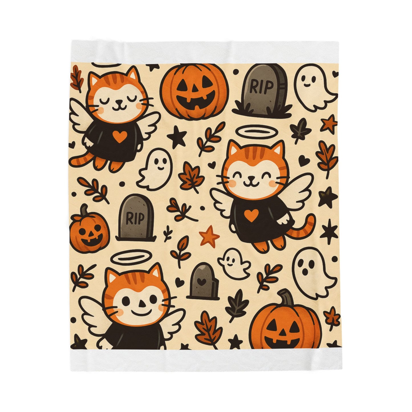 Velveteen Plush  Blanket Angel Cat Ghosts Pattern Autumn Theme