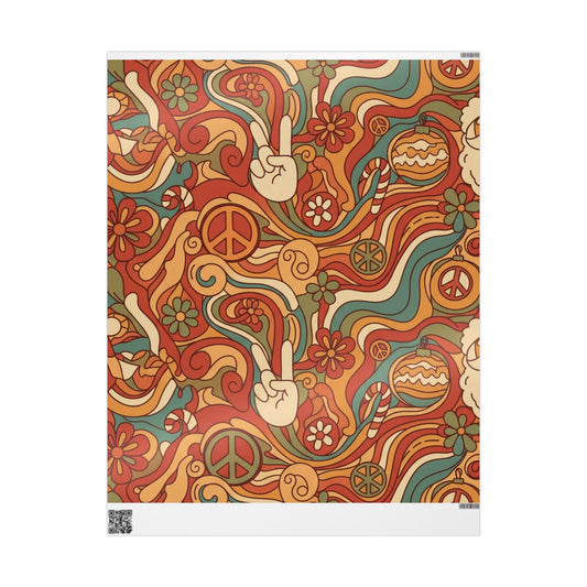 Wrapping Papers, 70s Retro Christmas Gift Wrap with Swirls, Santa Heads, Flowers, Peace Signs, Holiday Wrapping Sheets, Festive Xmas