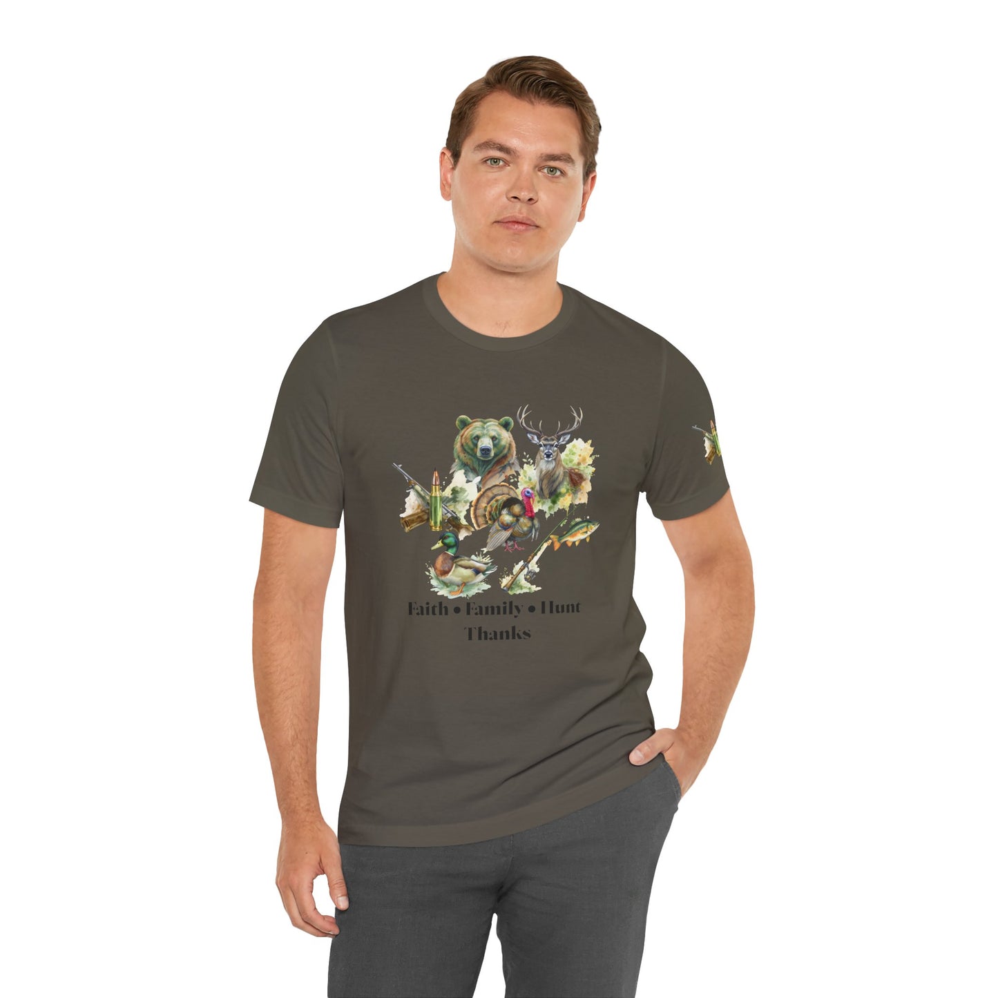 Faith Family Hunt Unisex Tee with Rifle and Bullet Sleeve Print