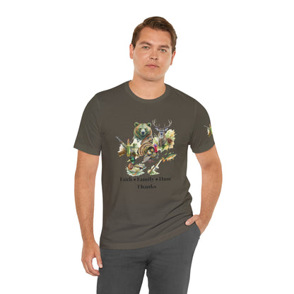 Faith Family Hunt Unisex Tee with Rifle and Bullet Sleeve Print