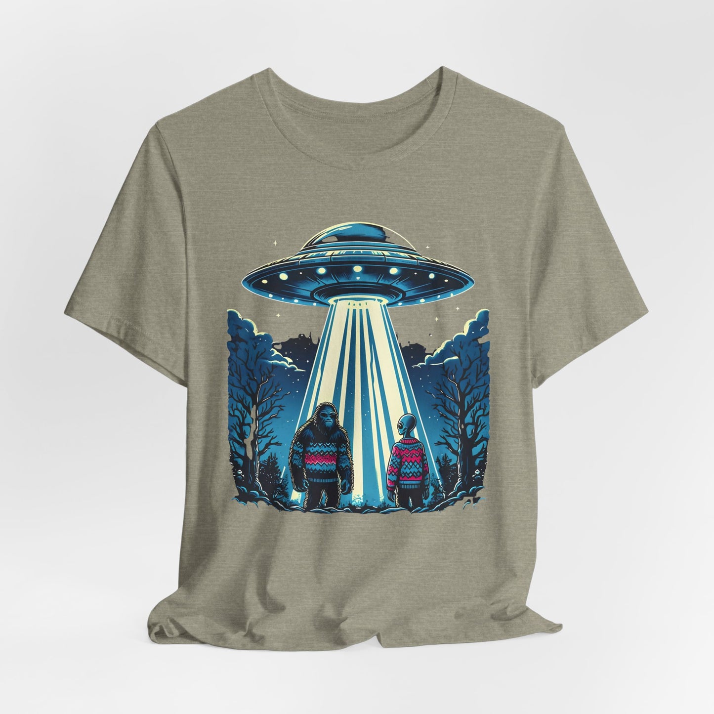 T-Shirt Alien and Bigfoot,  Ugly Christmas Sweater Tee, Funny UFO Holiday Shirt