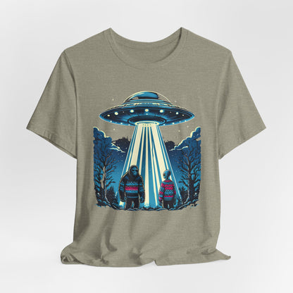 T-Shirt Alien and Bigfoot,  Ugly Christmas Sweater Tee, Funny UFO Holiday Shirt
