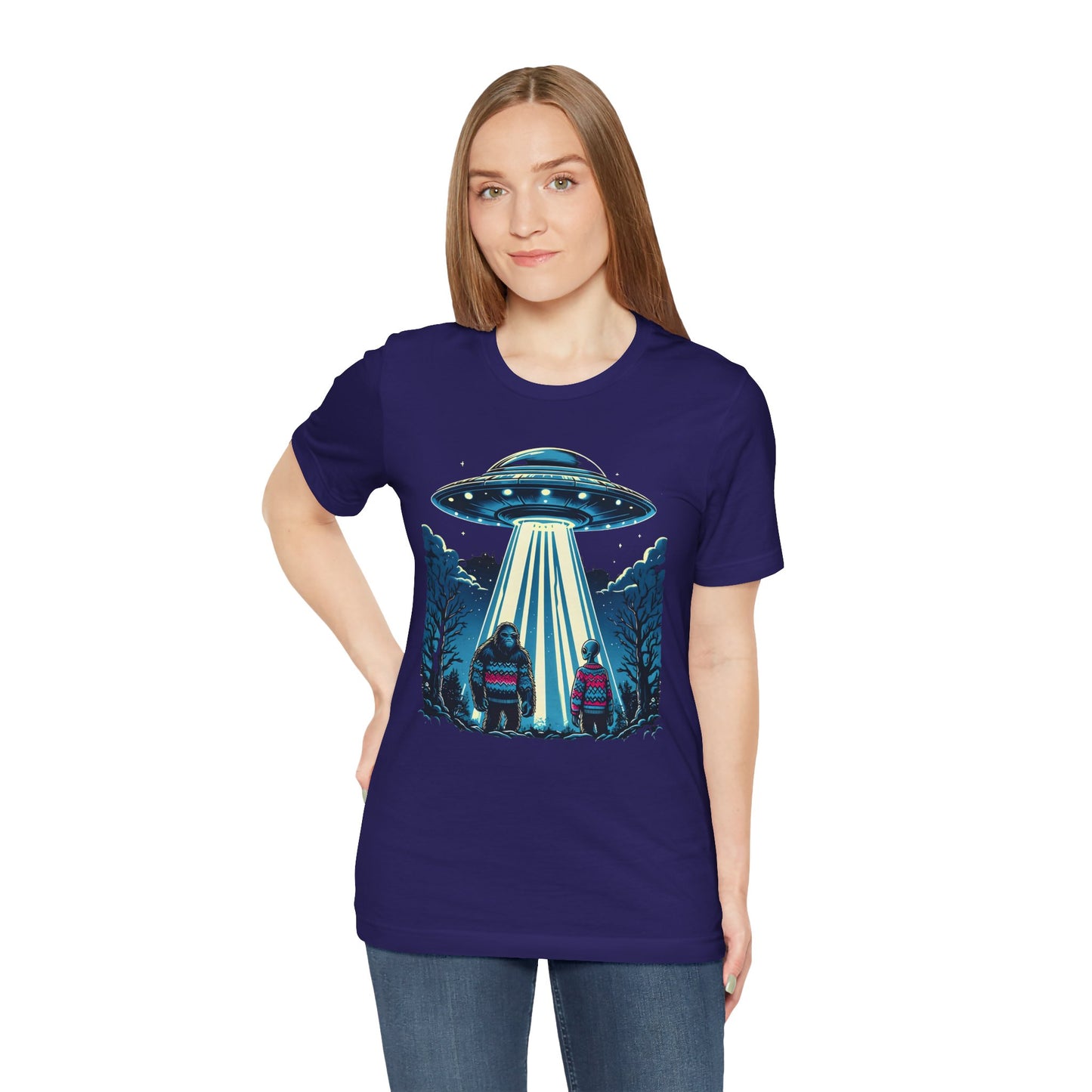 Alien Spaceship and Bigfoot Ugly Christmas Sweater Tee