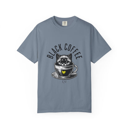 Comfort Colors T-shirt Black Coffee Cat funny, Unisex Tee, Garment-Dyed Shirt, Funny Graphic Tee, Cat Lover Gift, Coffee Lover Shirt
