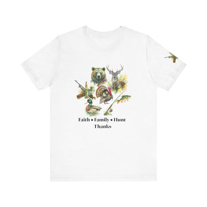 Faith Family Hunt Unisex Tee with Rifle and Bullet Sleeve Print