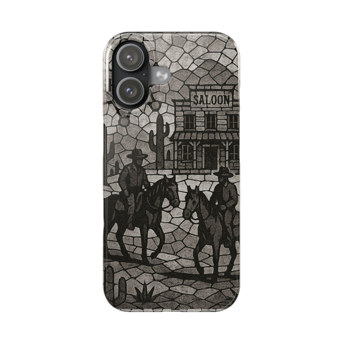 Slim Phone Cases Vintage Wild West Mosaic Art | Black & White Cowboy Scene | Sheriff, Horses & Saloon
