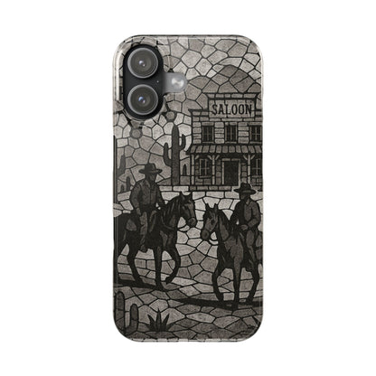 Slim Phone Cases Vintage Wild West Mosaic Art | Black & White Cowboy Scene | Sheriff, Horses & Saloon