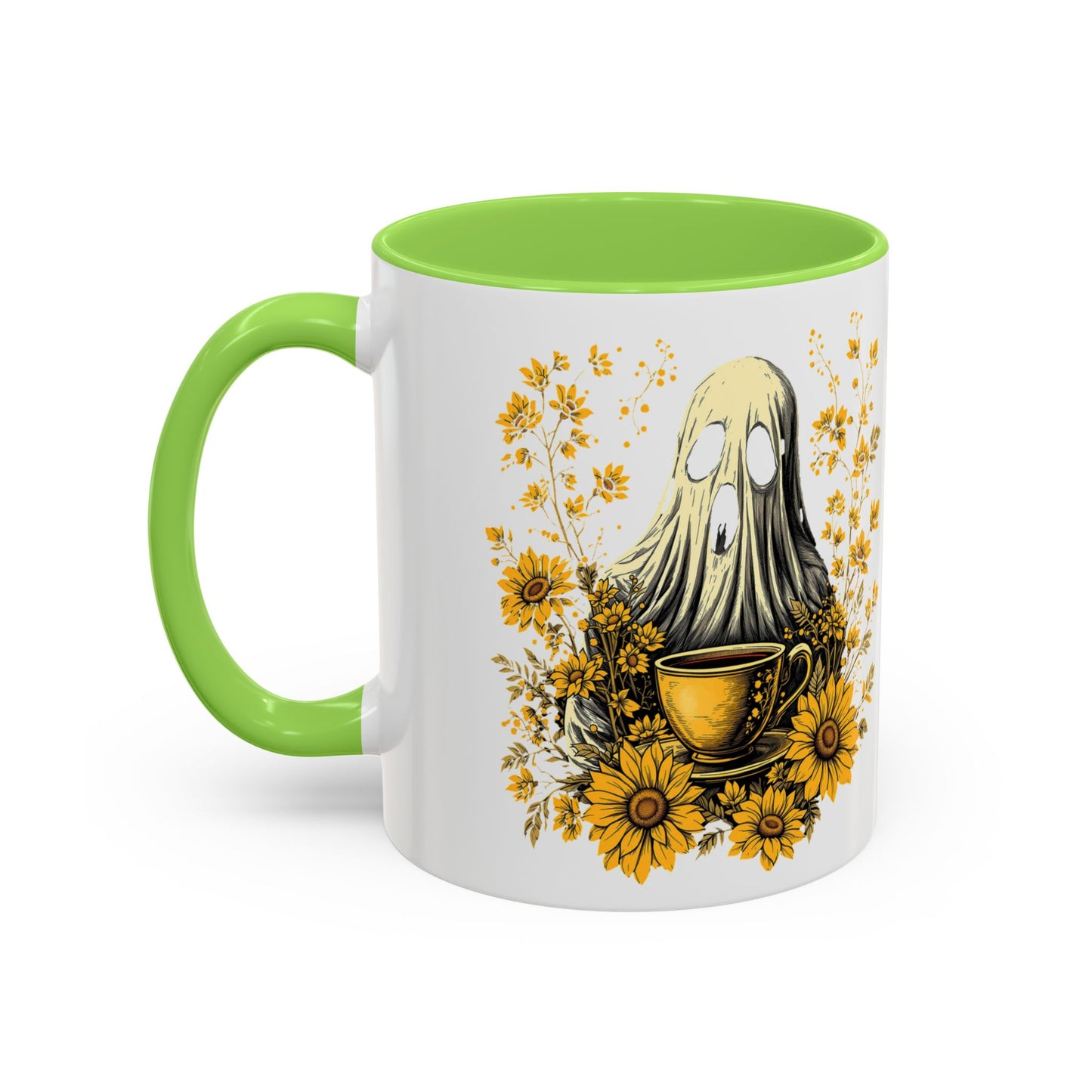 Colorful mug  with Ghost and Sunflowers Design - 11oz and 15oz