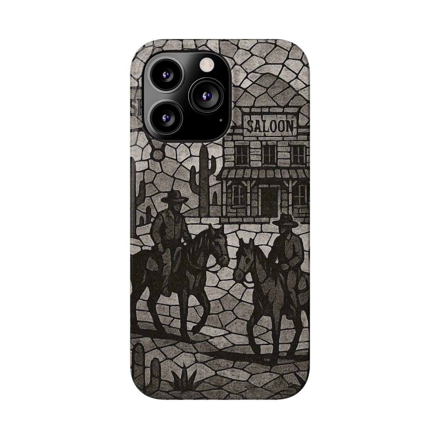 Slim Phone Cases Vintage Wild West Mosaic Art | Black & White Cowboy Scene | Sheriff, Horses & Saloon