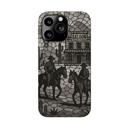 Slim Phone Cases Vintage Wild West Mosaic Art | Black & White Cowboy Scene | Sheriff, Horses & Saloon