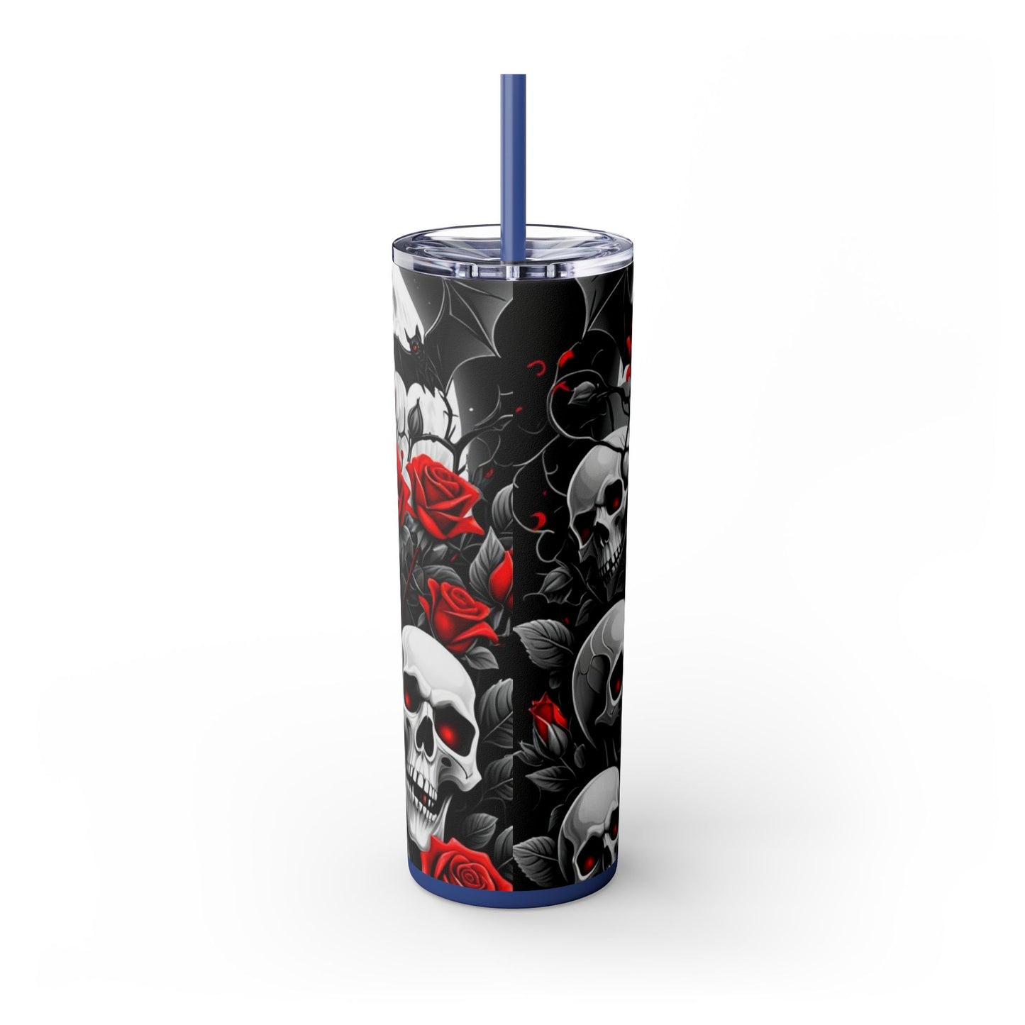20oz Skinny Tumbler with Straw - Halloween Skulls and Red Roses Design