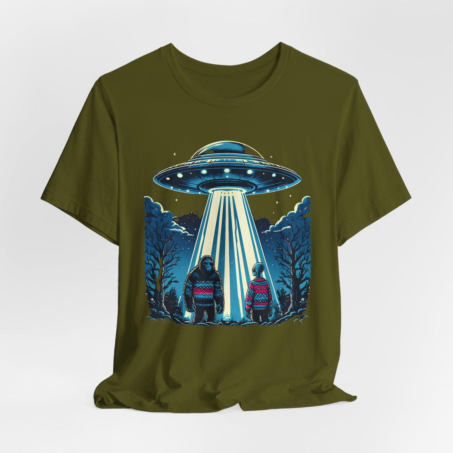 T-Shirt Alien and Bigfoot,  Ugly Christmas Sweater Tee, Funny UFO Holiday Shirt