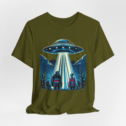 T-Shirt Alien and Bigfoot,  Ugly Christmas Sweater Tee, Funny UFO Holiday Shirt