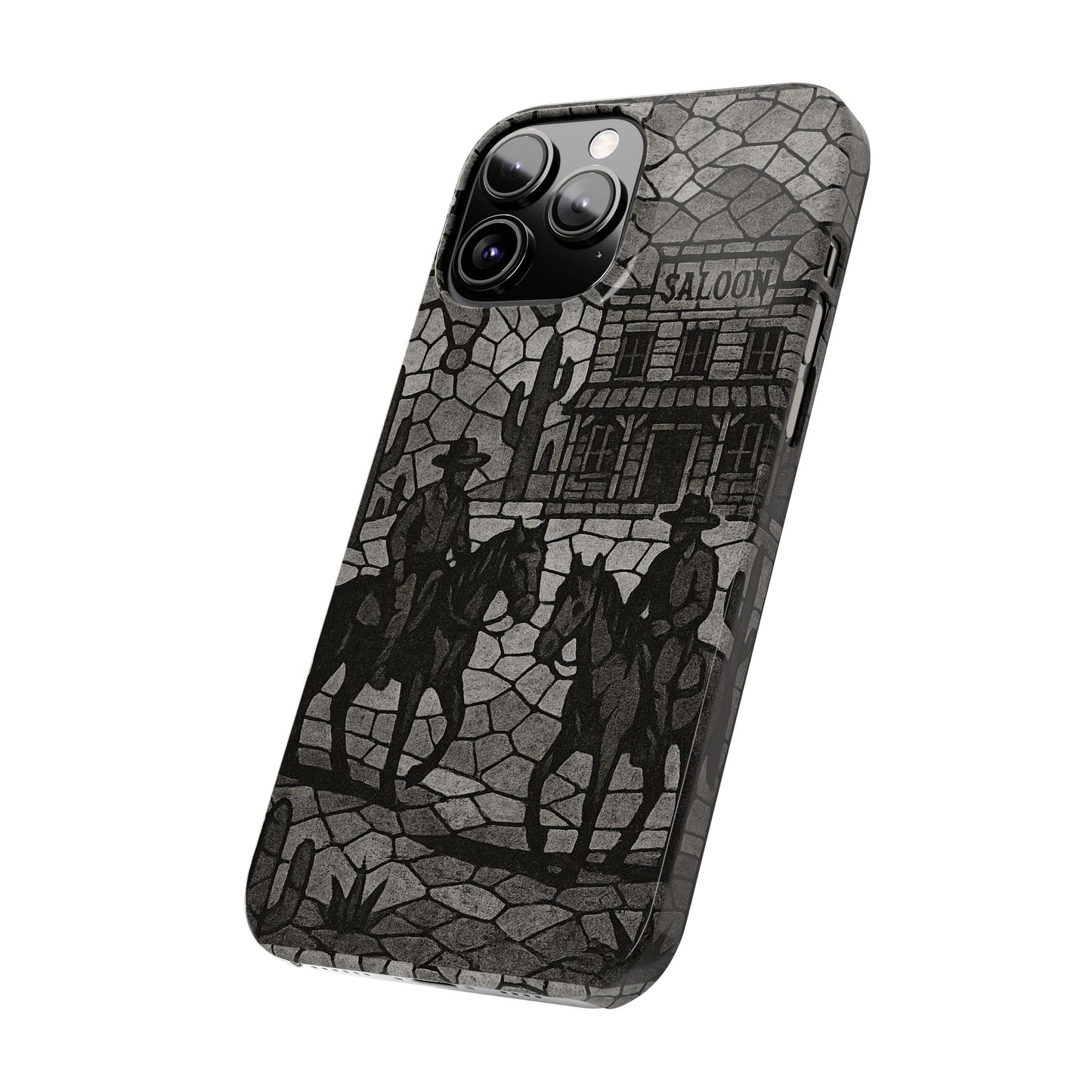 Slim Phone Cases Vintage Wild West Mosaic Art | Black & White Cowboy Scene | Sheriff, Horses & Saloon