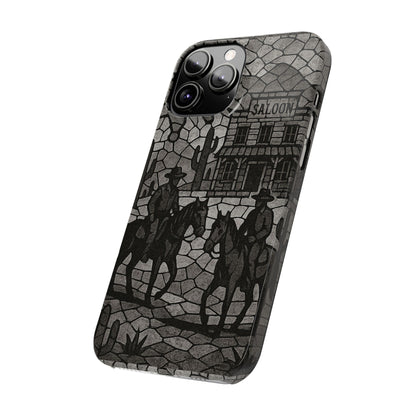 Slim Phone Cases Vintage Wild West Mosaic Art | Black & White Cowboy Scene | Sheriff, Horses & Saloon