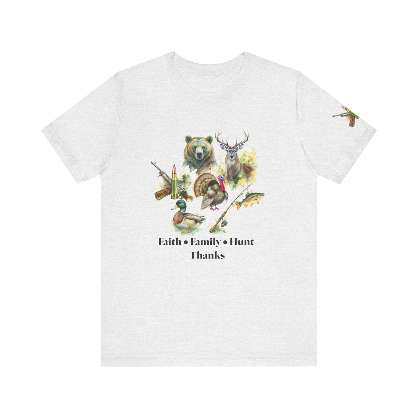 Faith Family Hunt Unisex Tee with Rifle and Bullet Sleeve Print