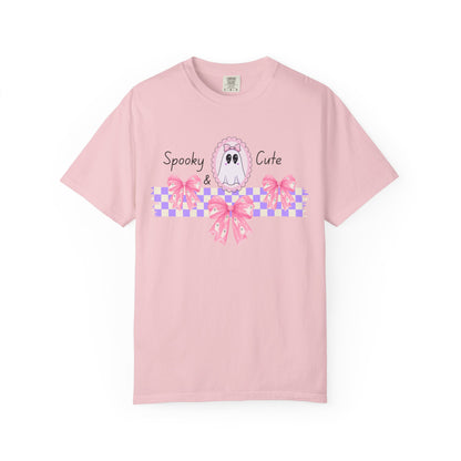 Ghostly Pink Unisex T-shirt, Spooky and Cute Halloween Shirt, Coquet Ghost Design Tee, Garment-Dyed Shirt