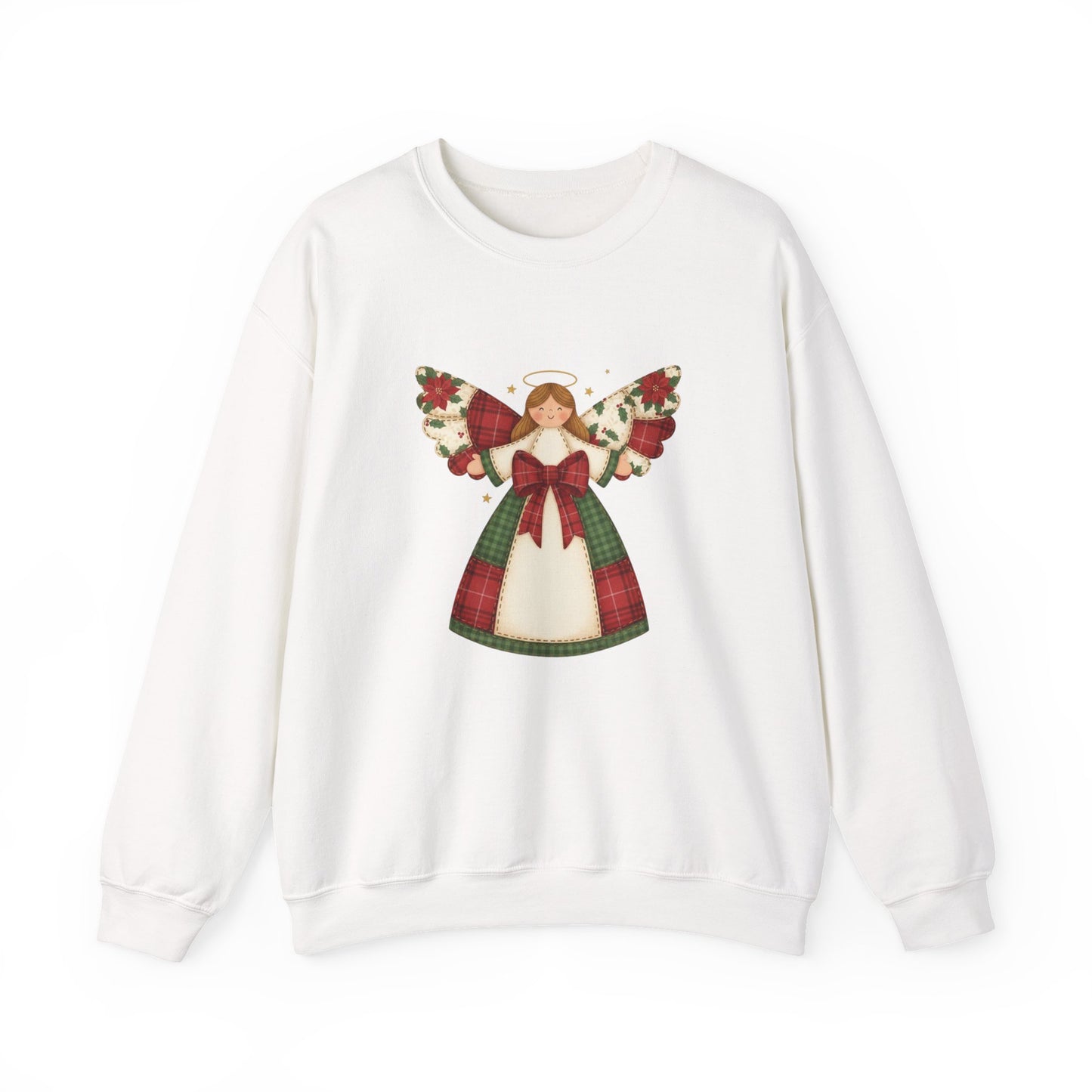 Unique Angel Design: Printed illustration of a Christmas angel in playful patchwork quilt style.