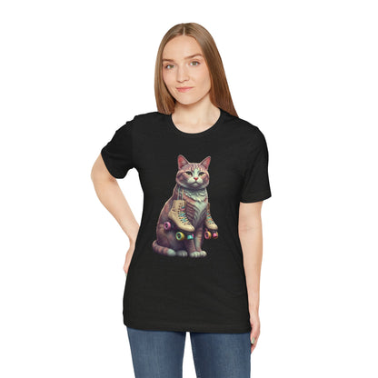 Cat with Roller Unisex Tee, Short Sleeve Shirt, Roller Coaster Cat Graphic Top, Cute Animal T-Shirt, Funny 80s Theme Shirt