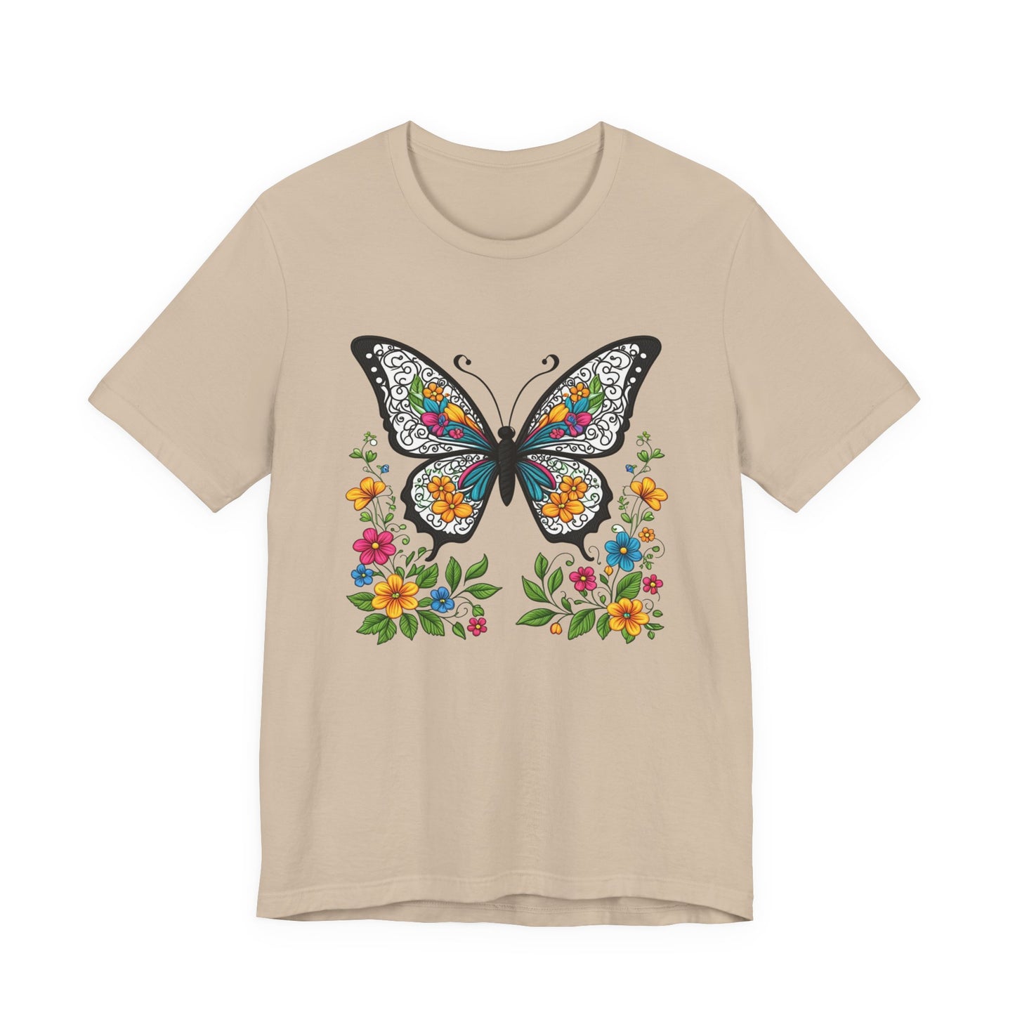 T-Shirt Butterfly and Flowers,  Botanical Floral Tee, Nature Lover Shirt, Cute Spring Top, Unisex Graphic Tee
