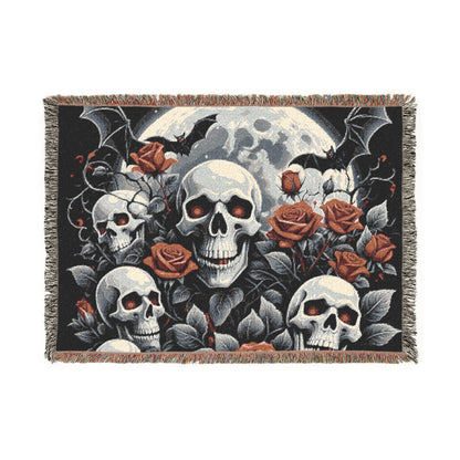 Woven Blanket - Skulls Red Roses Design