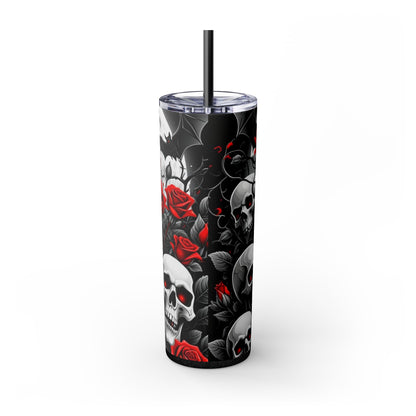 20oz Skinny Tumbler with Straw - Halloween Skulls and Red Roses Design