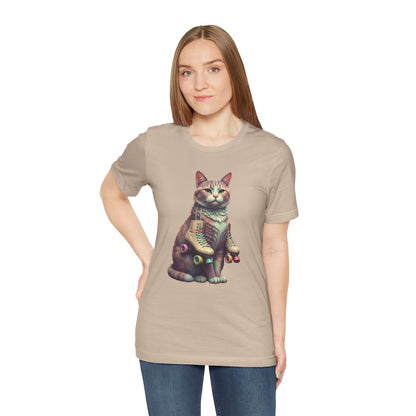 Cat with Roller Unisex Tee, Short Sleeve Shirt, Roller Coaster Cat Graphic Top, Cute Animal T-Shirt, Funny 80s Theme Shirt