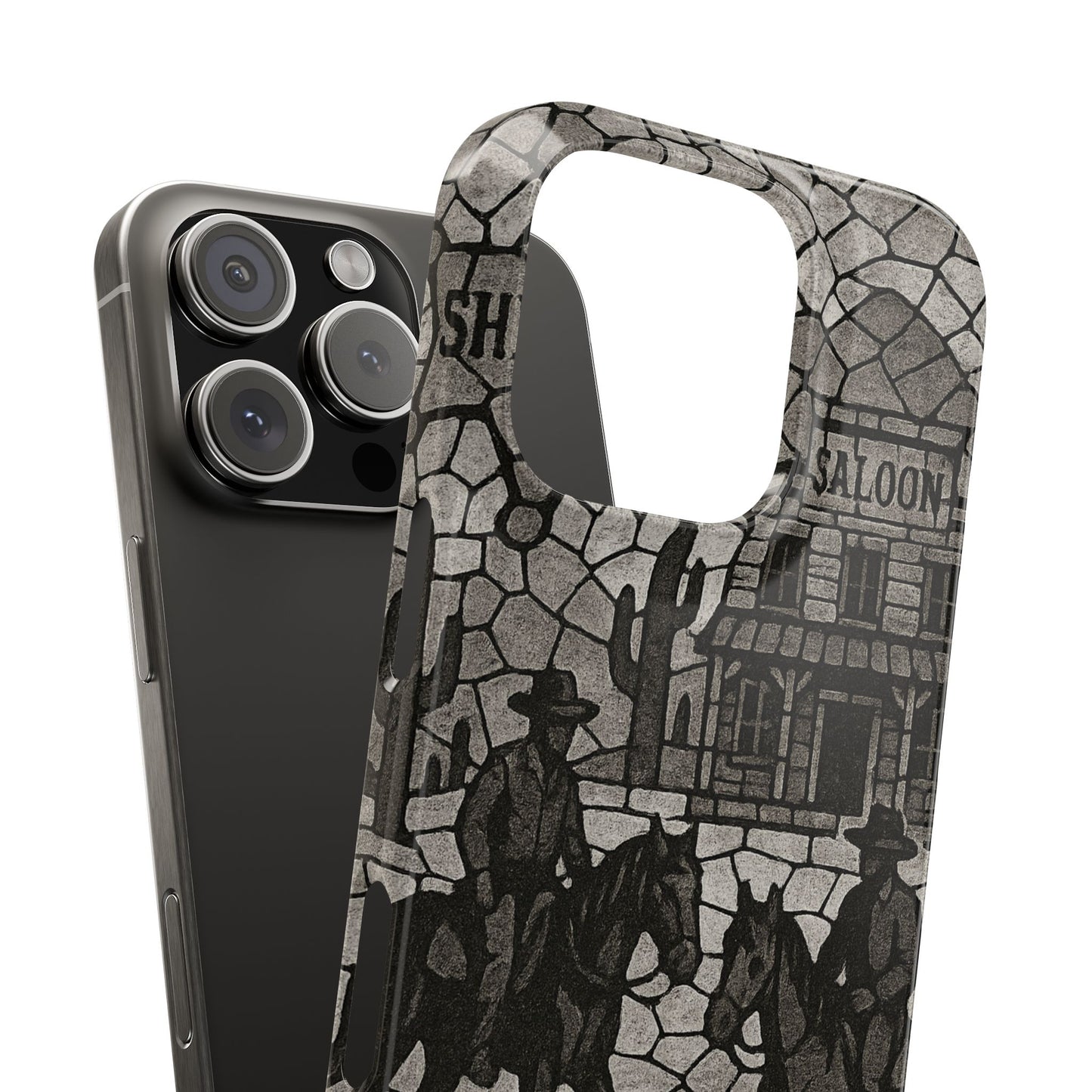 Slim Phone Cases Vintage Wild West Mosaic Art | Black & White Cowboy Scene | Sheriff, Horses & Saloon