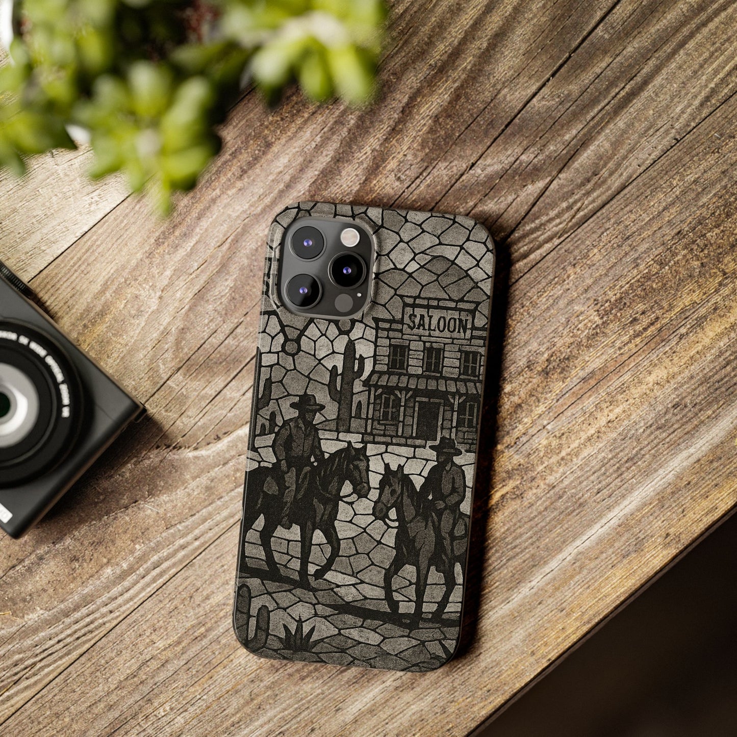 Slim Phone Cases Vintage Wild West Mosaic Art | Black & White Cowboy Scene | Sheriff, Horses & Saloon