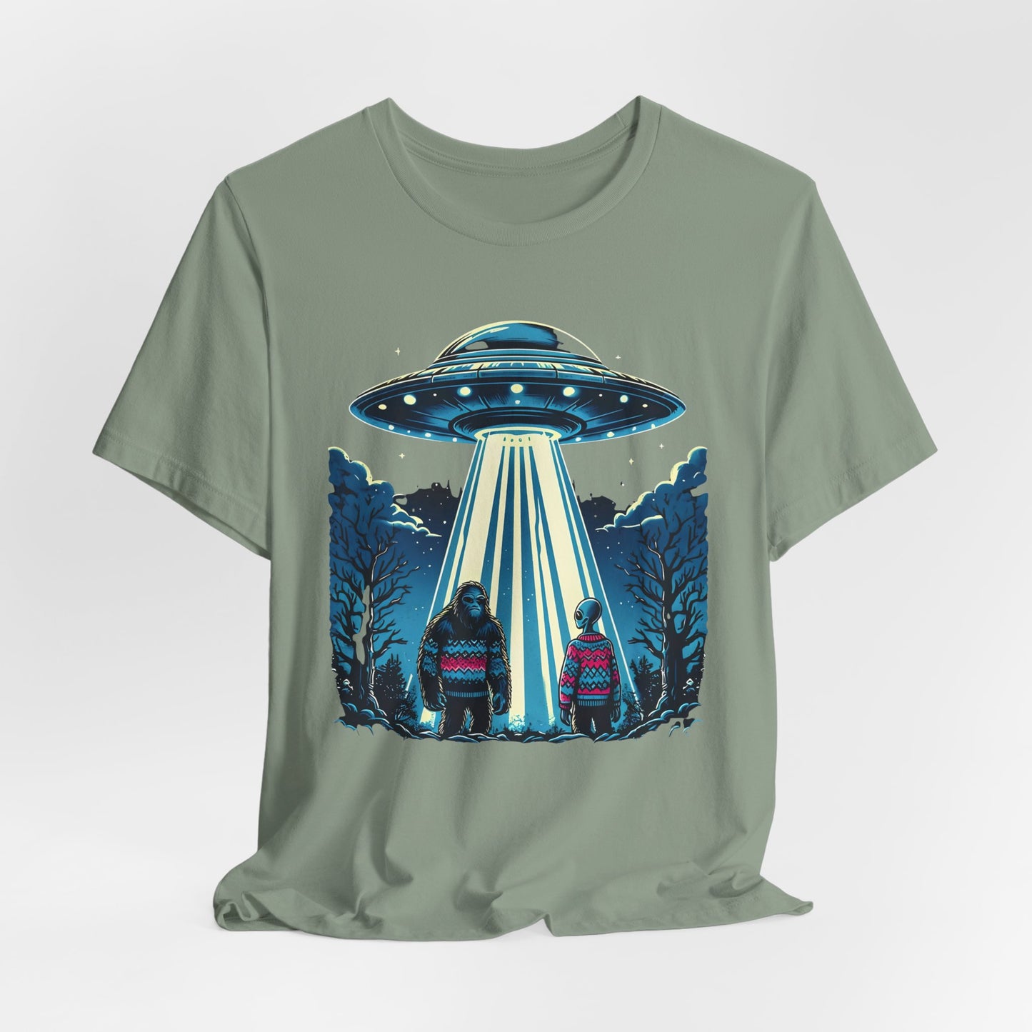 T-Shirt Alien and Bigfoot,  Ugly Christmas Sweater Tee, Funny UFO Holiday Shirt