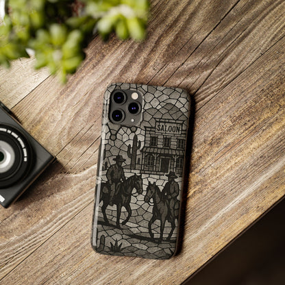 Slim Phone Cases Vintage Wild West Mosaic Art | Black & White Cowboy Scene | Sheriff, Horses & Saloon