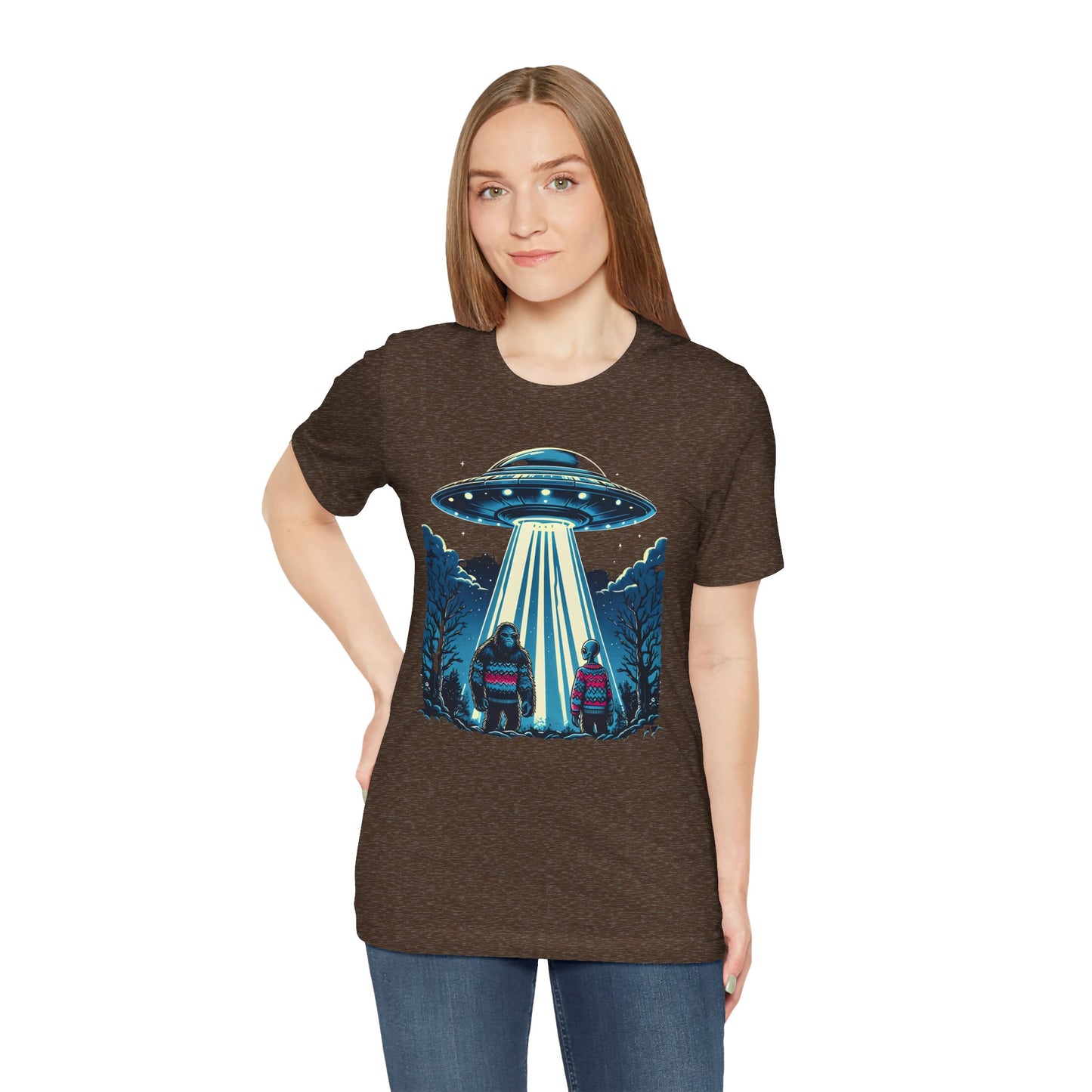 Alien Spaceship and Bigfoot Ugly Christmas Sweater Tee