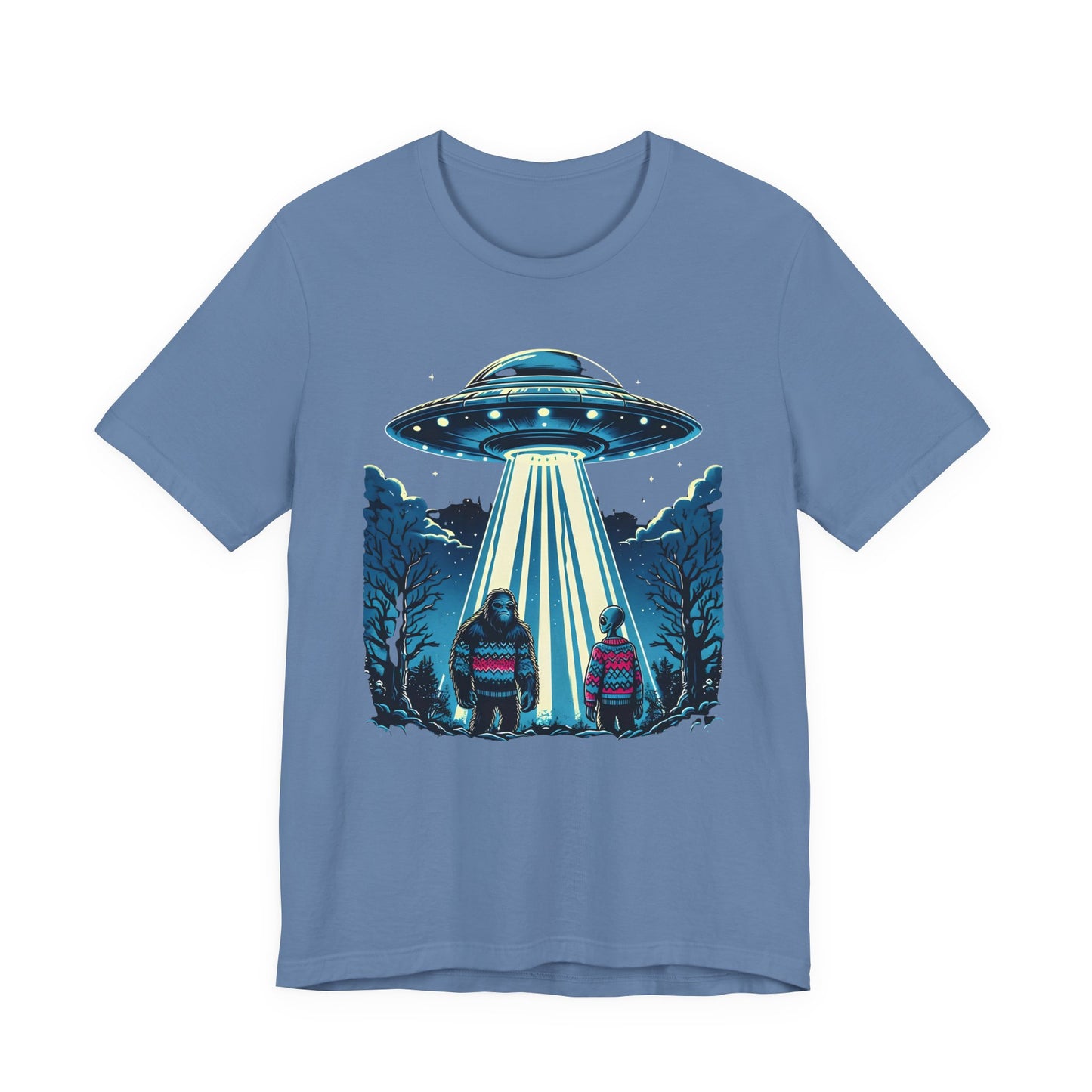 T-Shirt Alien and Bigfoot,  Ugly Christmas Sweater Tee, Funny UFO Holiday Shirt