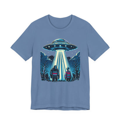 T-Shirt Alien and Bigfoot,  Ugly Christmas Sweater Tee, Funny UFO Holiday Shirt