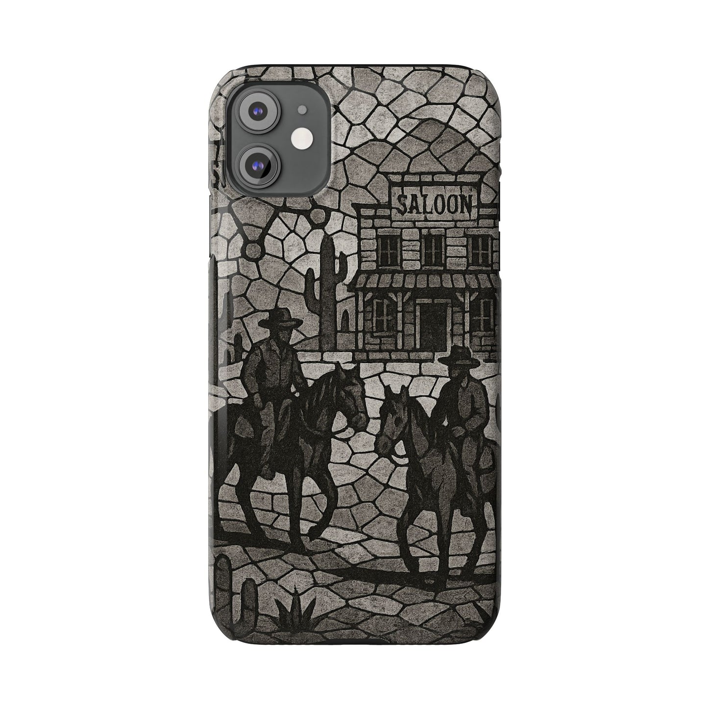 Slim Phone Cases Vintage Wild West Mosaic Art | Black & White Cowboy Scene | Sheriff, Horses & Saloon