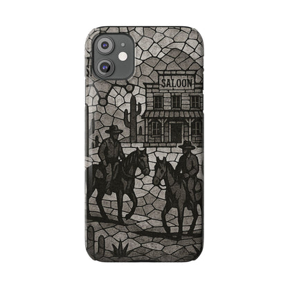 Slim Phone Cases Vintage Wild West Mosaic Art | Black & White Cowboy Scene | Sheriff, Horses & Saloon