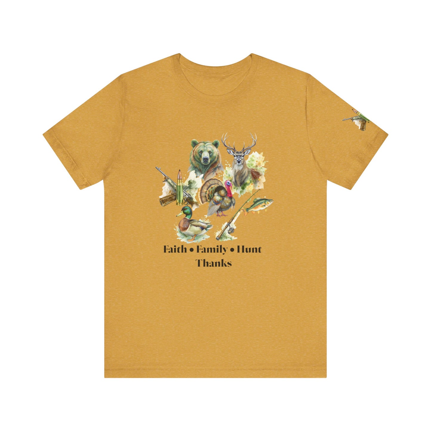Faith Family Hunt Unisex Tee with Rifle and Bullet Sleeve Print