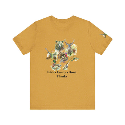 Faith Family Hunt Unisex Tee with Rifle and Bullet Sleeve Print