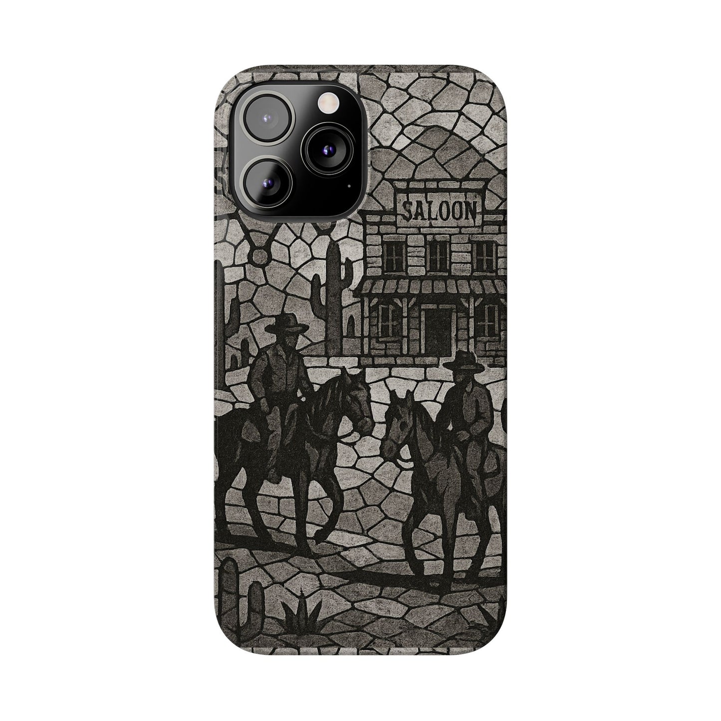 Slim Phone Cases Vintage Wild West Mosaic Art | Black & White Cowboy Scene | Sheriff, Horses & Saloon