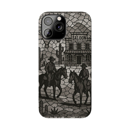 Slim Phone Cases Vintage Wild West Mosaic Art | Black & White Cowboy Scene | Sheriff, Horses & Saloon