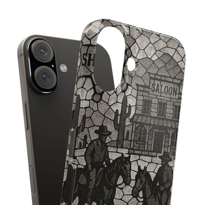 Slim Phone Cases Vintage Wild West Mosaic Art | Black & White Cowboy Scene | Sheriff, Horses & Saloon