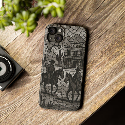 Slim Phone Cases Vintage Wild West Mosaic Art | Black & White Cowboy Scene | Sheriff, Horses & Saloon