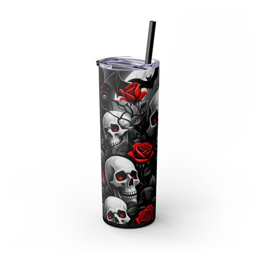 20oz Skinny Tumbler with Straw - Halloween Skulls and Red Roses Design