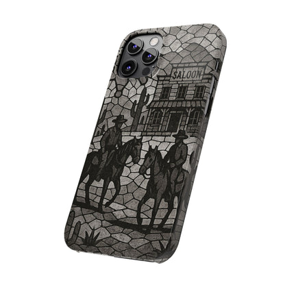 Slim Phone Cases Vintage Wild West Mosaic Art | Black & White Cowboy Scene | Sheriff, Horses & Saloon